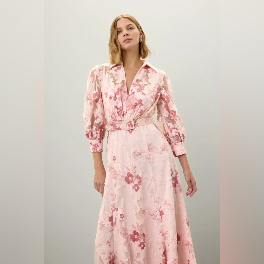 Badgley Mischka Pink Dress with Notched Collar and Bishop Sleeves Size 2